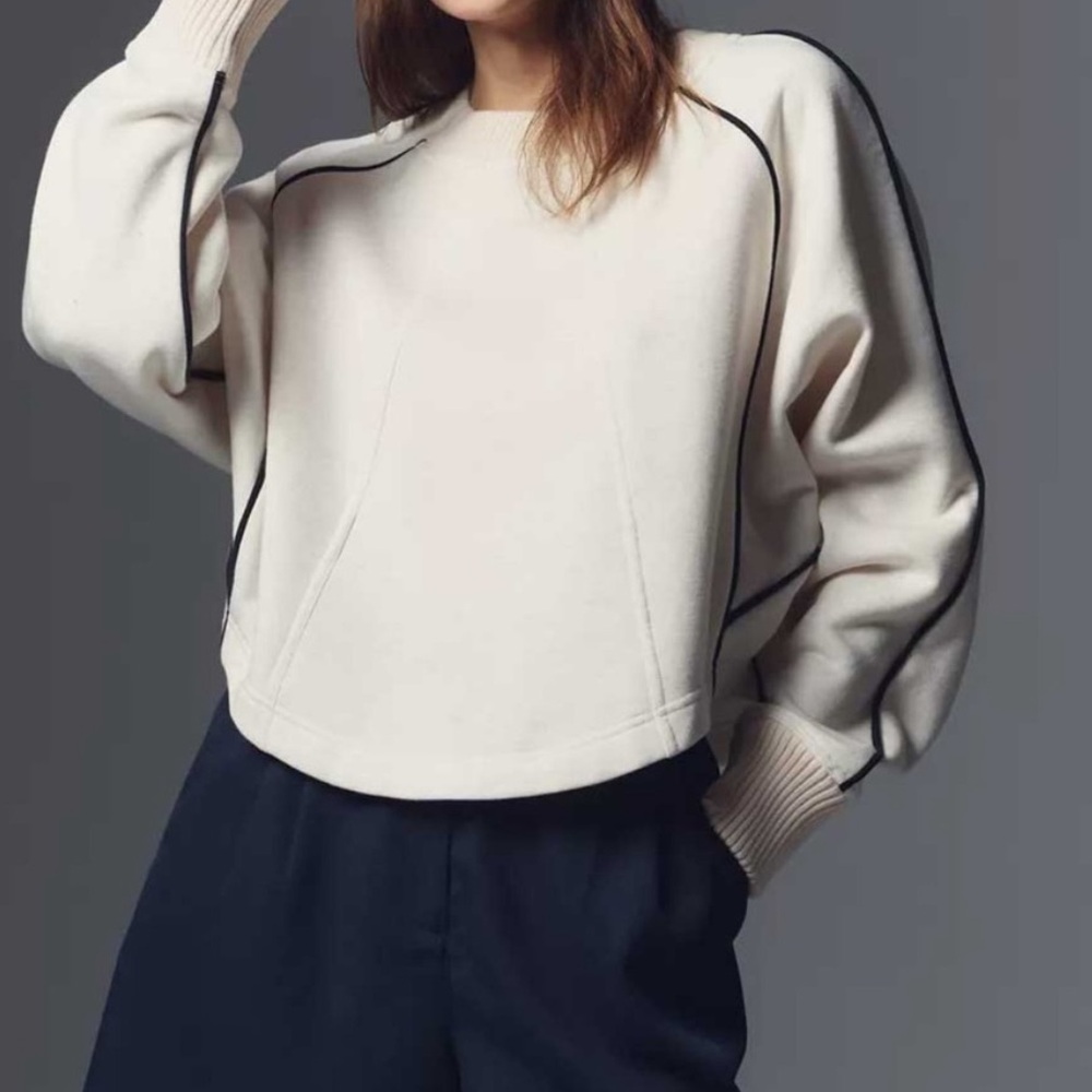 Anthropologie Maeve Paneled Warm Up Sweatshirt White Cotton Cropped Size Large